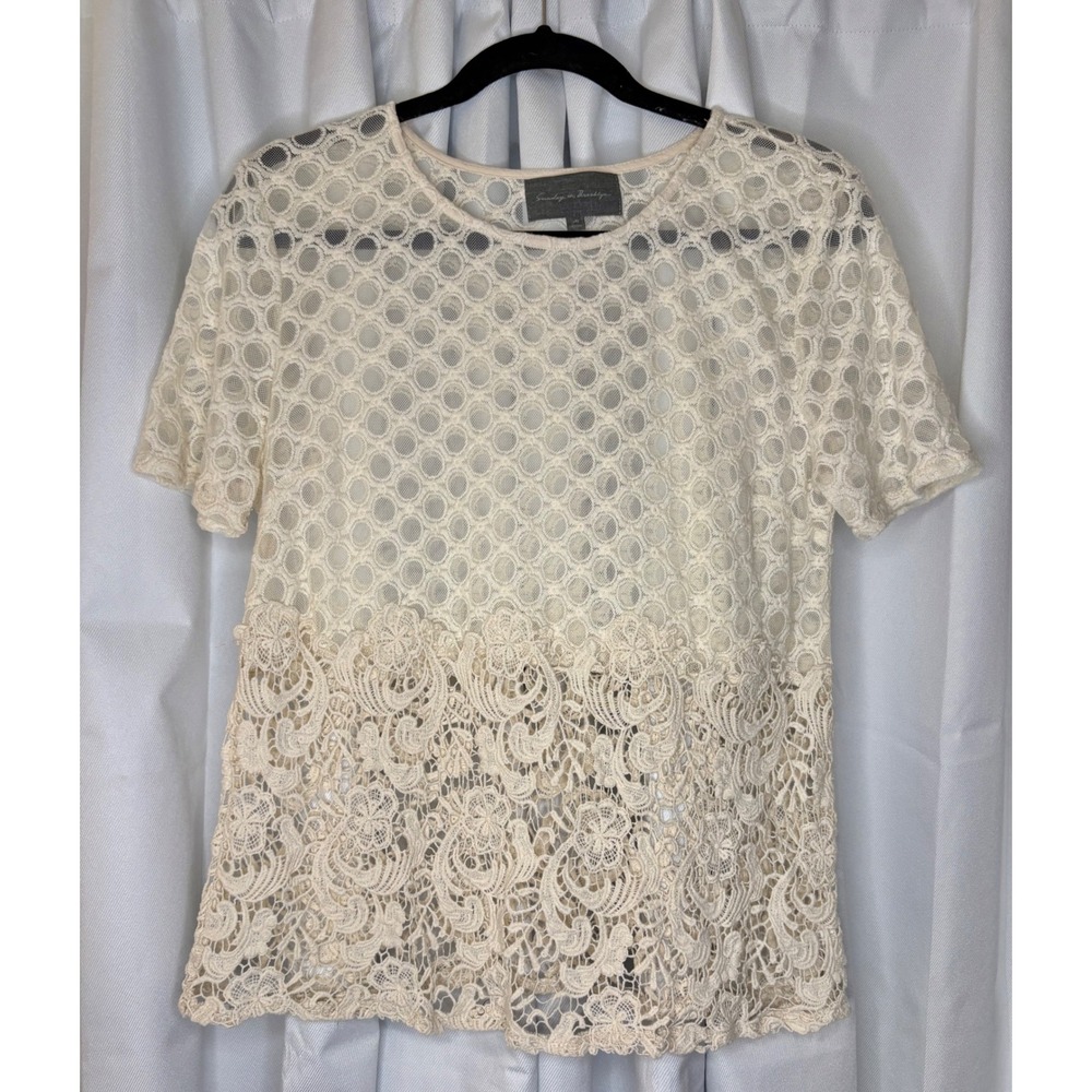 Sunday in Brooklyn Anthropologie Ivory Crochet Lace Mesh Sheer Blouse